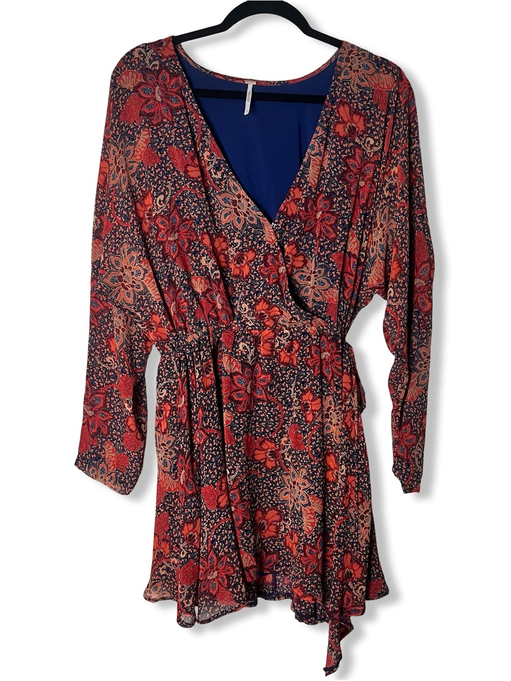 Free‎ People Teegan Mini Dress Floral Print Navy Rust Asymmetrical Hem Sz. S